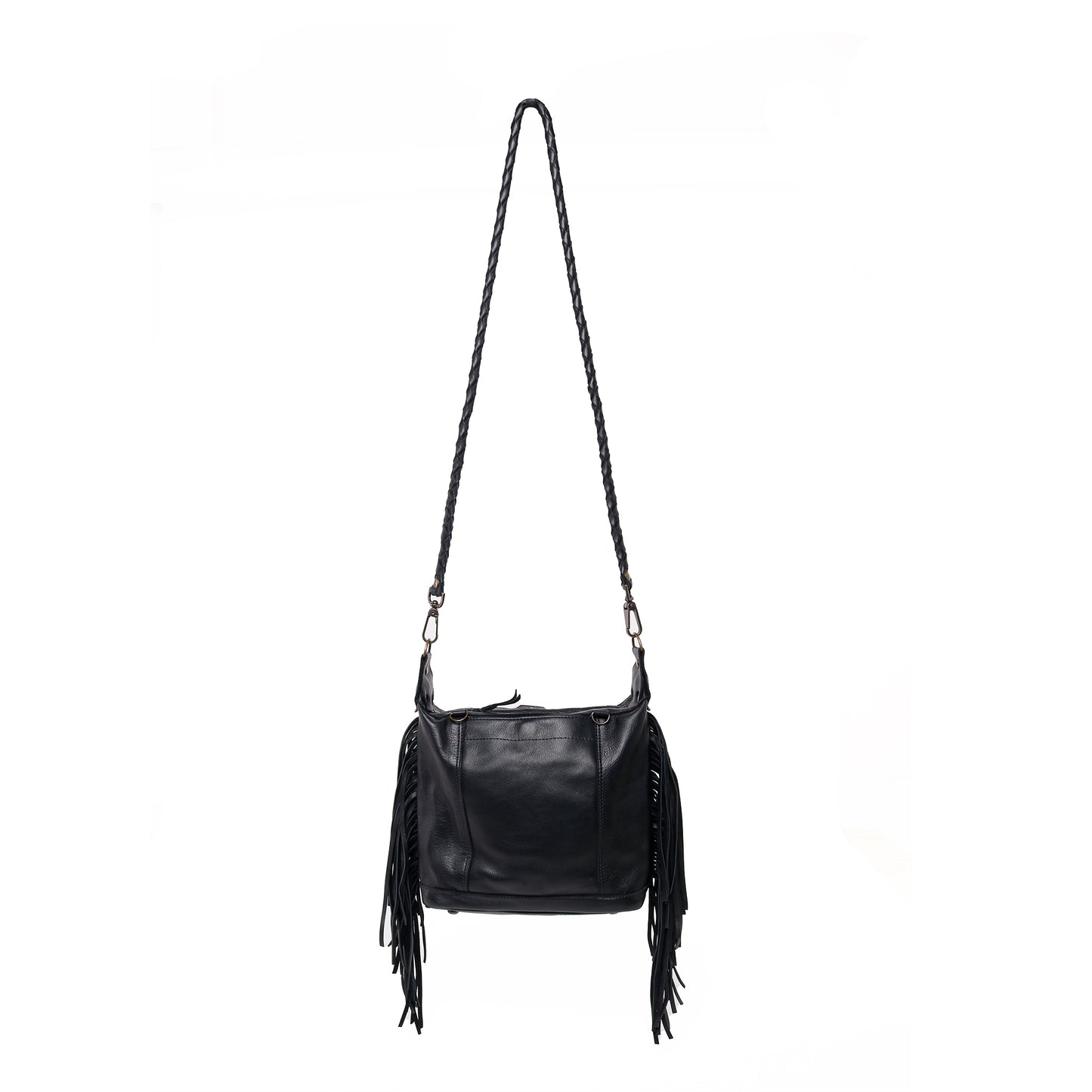 BEATRIZ MINI CONVERTIBLE DAY BAG WITH FRINGE - FULL LEATHER - BLACK