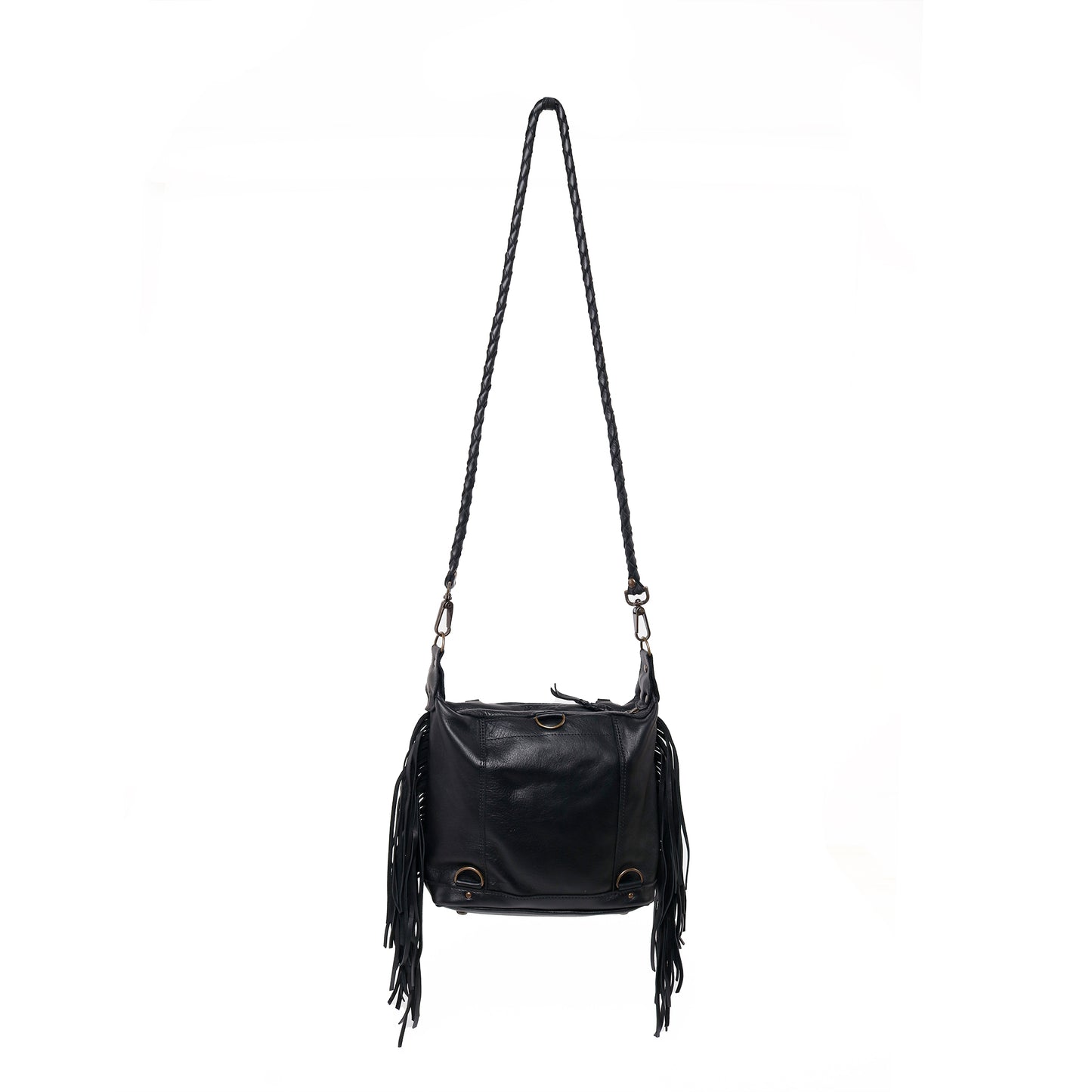 BEATRIZ MINI CONVERTIBLE DAY BAG WITH FRINGE - FULL LEATHER - BLACK