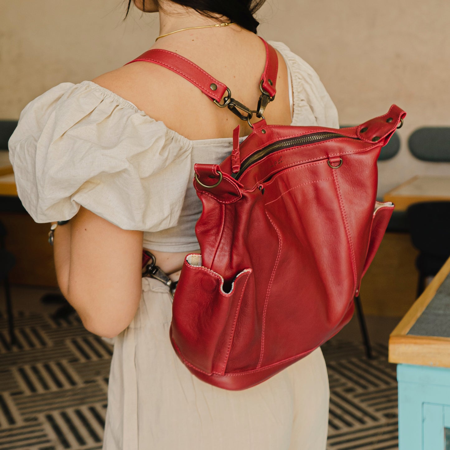BEATRIZ CONVERTIBLE DAY BAG - MEDIUM - FULL LEATHER - ROUGE