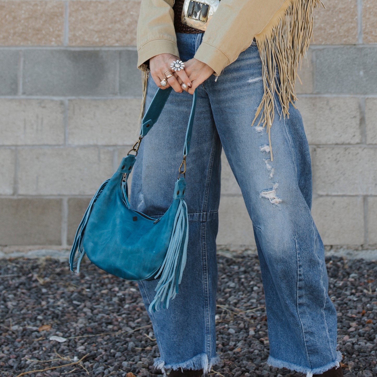 BOHO SADDLE BAG WITH FRINGE - SMALL - FULL LEATHER - CERULEAN