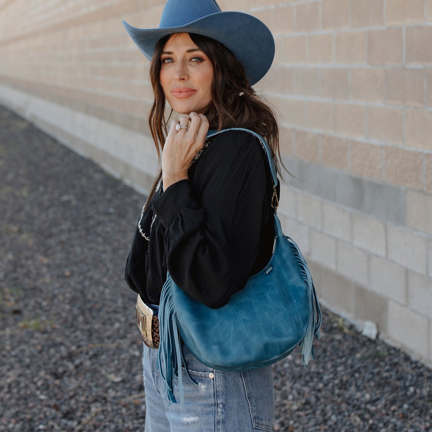 BOHO SADDLE BAG WITH FRINGE - SMALL - FULL LEATHER - CERULEAN