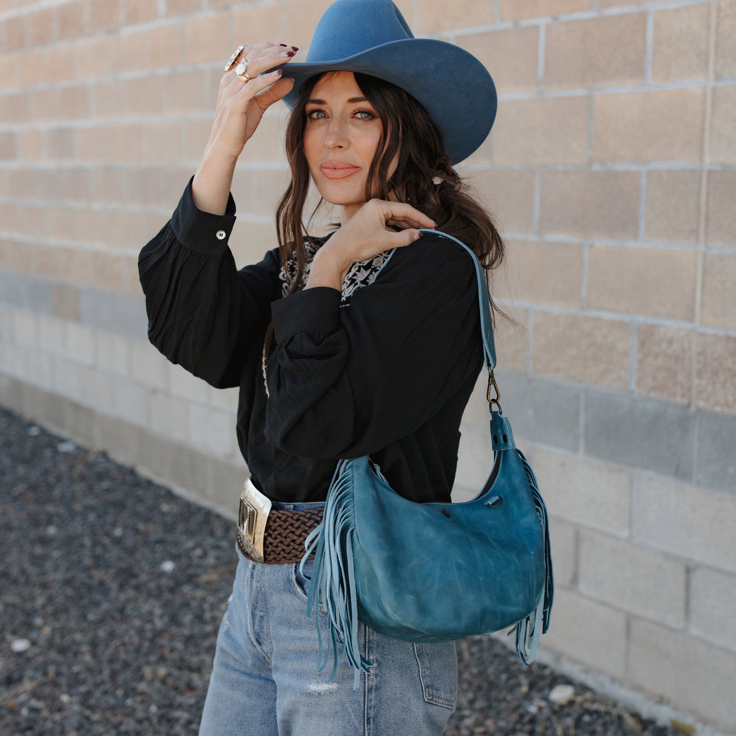 BOHO SADDLE BAG WITH FRINGE - SMALL - FULL LEATHER - CERULEAN
