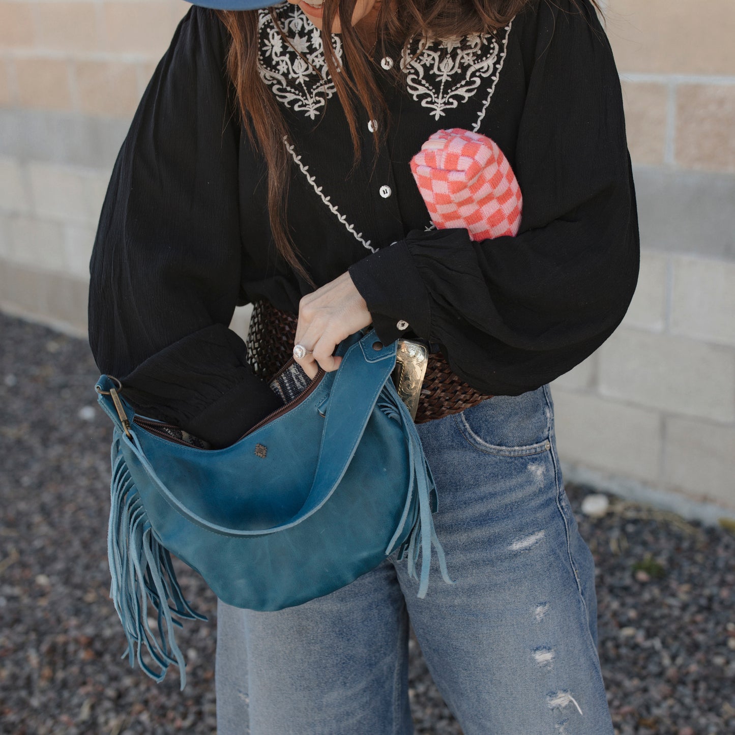 BOHO SADDLE BAG WITH FRINGE - SMALL - FULL LEATHER - CERULEAN