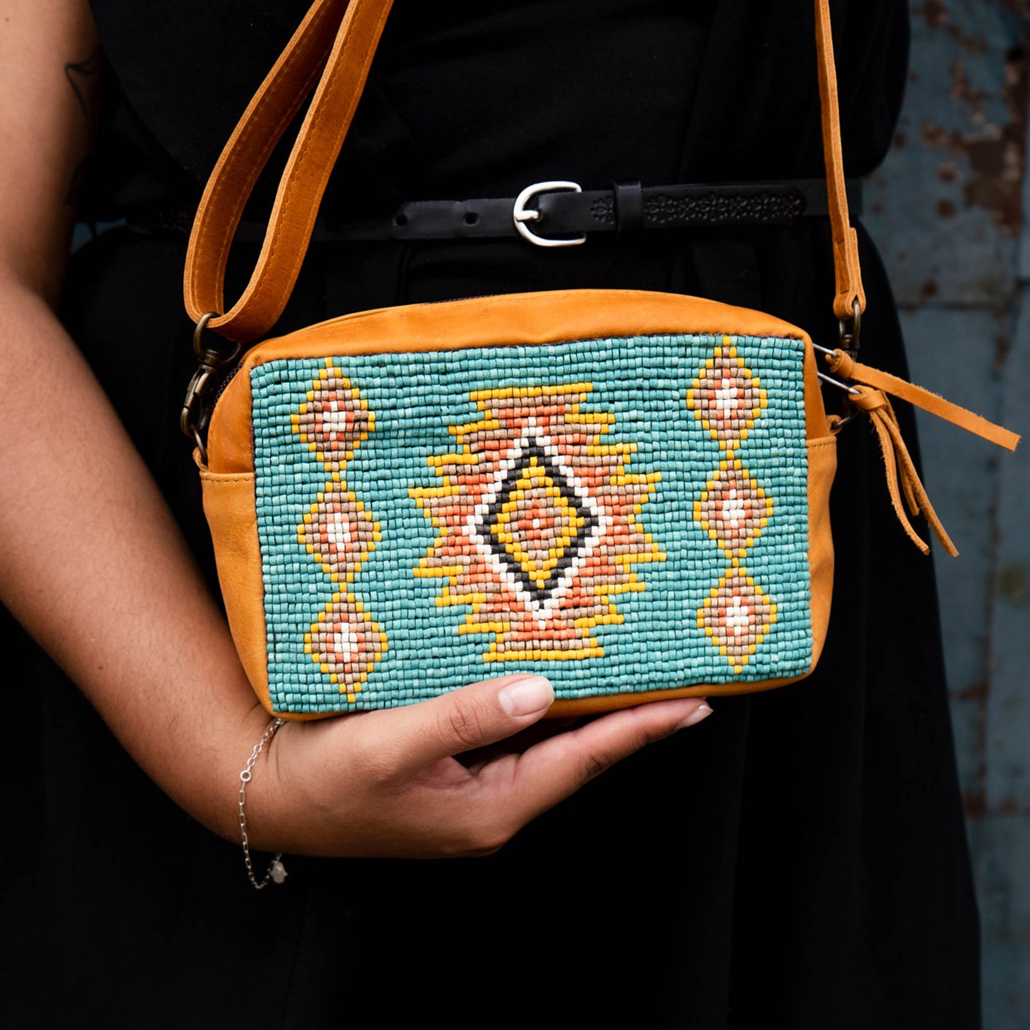 H&S WANDER CROSSBODY SET - OOAK BEADED PANEL - BOURBON - NO. 15531