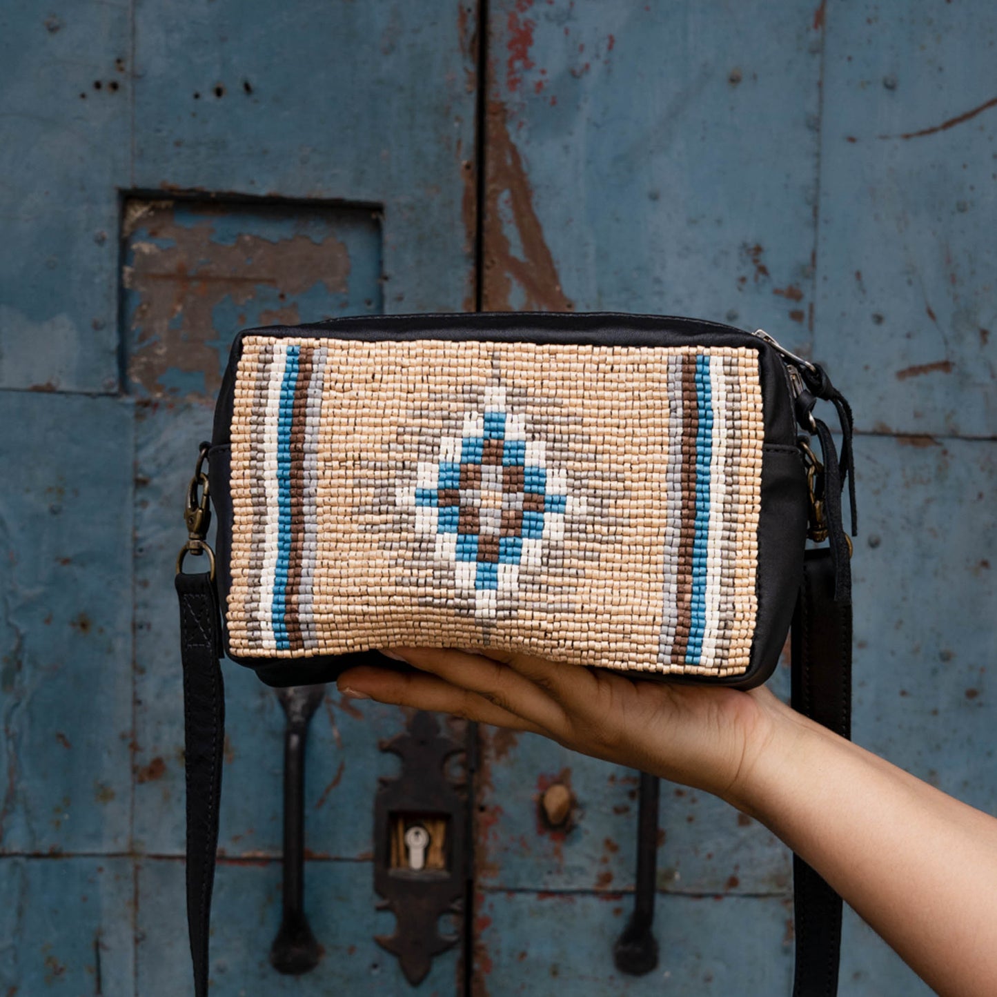 H&S WANDER CROSSBODY SET - OOAK BEADED PANEL - BLACK - NO. 15518