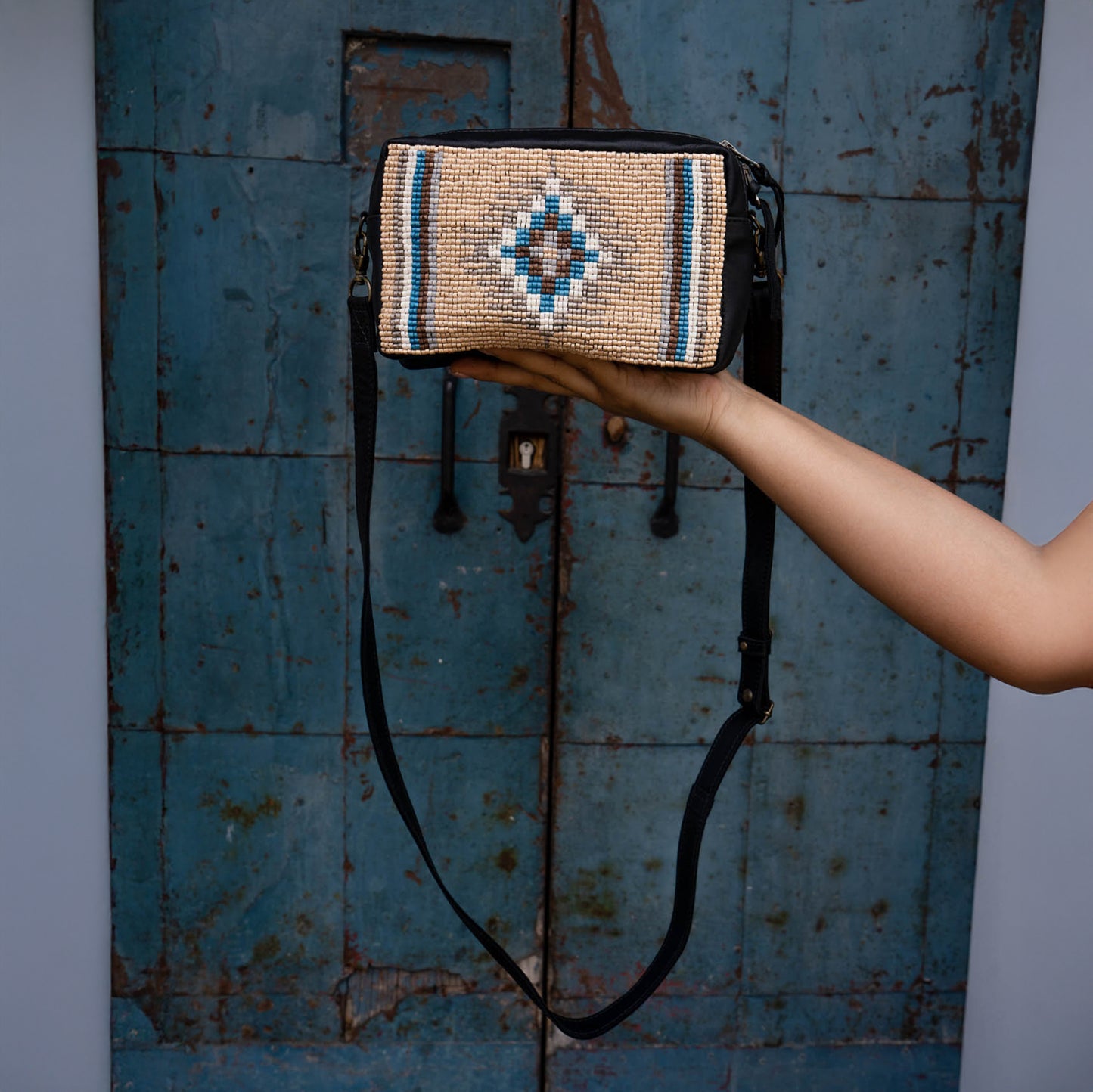 H&S WANDER CROSSBODY SET - OOAK BEADED PANEL - BLACK - NO. 15518