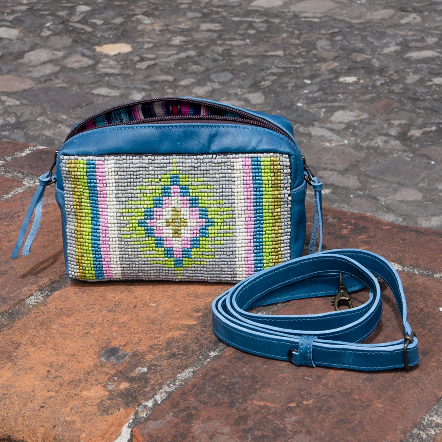 H&S WANDER CROSSBODY SET - OOAK BEADED PANEL - CERULEAN - NO. 15527
