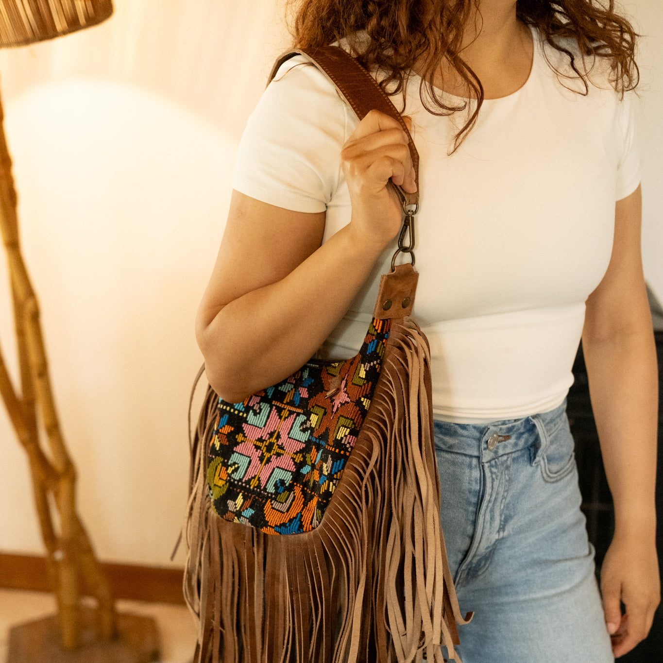 BOHO FRINGE SADDLE BAG - OOAK HUIPIL - FAWN - NO. 16628