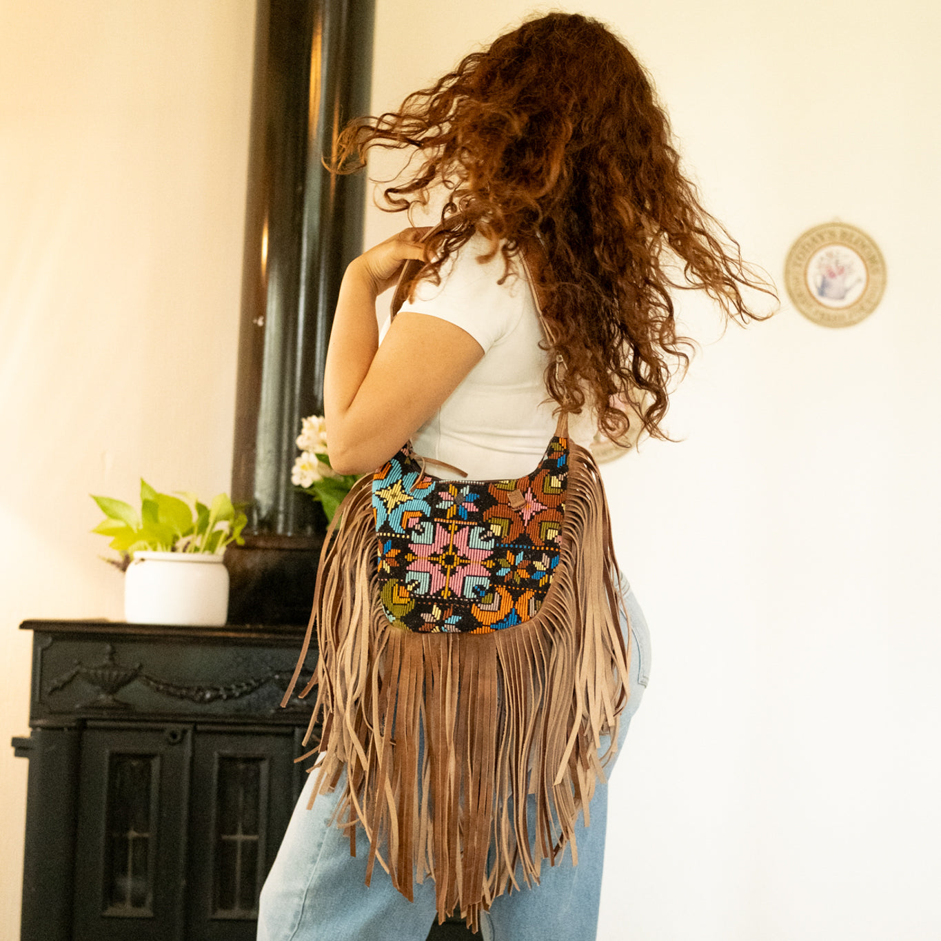 BOHO FRINGE SADDLE BAG - OOAK HUIPIL - FAWN - NO. 16628