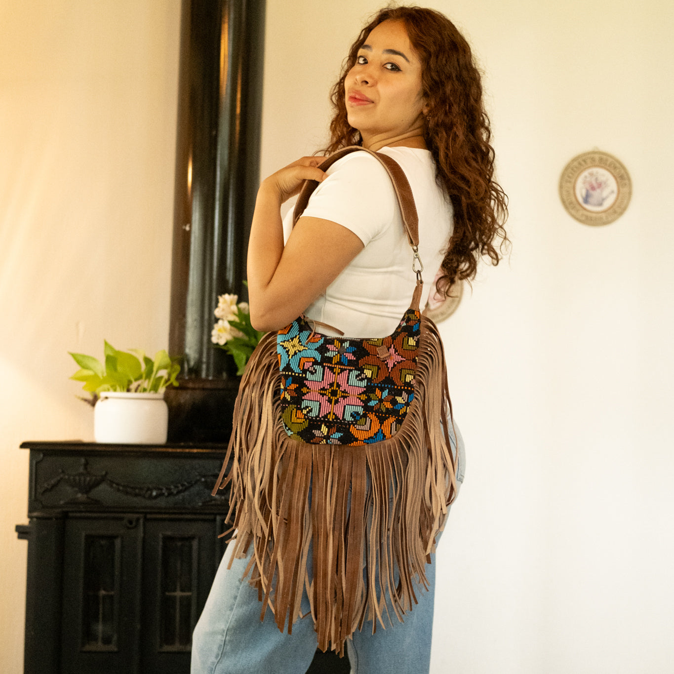 BOHO FRINGE SADDLE BAG - OOAK HUIPIL - FAWN - NO. 16628