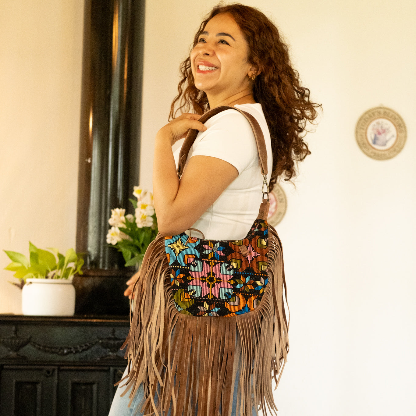 BOHO FRINGE SADDLE BAG - OOAK HUIPIL - FAWN - NO. 16628