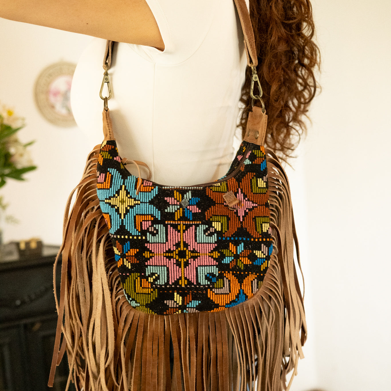 BOHO FRINGE SADDLE BAG - OOAK HUIPIL - FAWN - NO. 16628