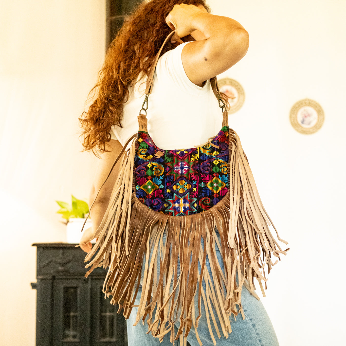 BOHO FRINGE SADDLE BAG - OOAK HUIPIL - FAWN - NO. 16630