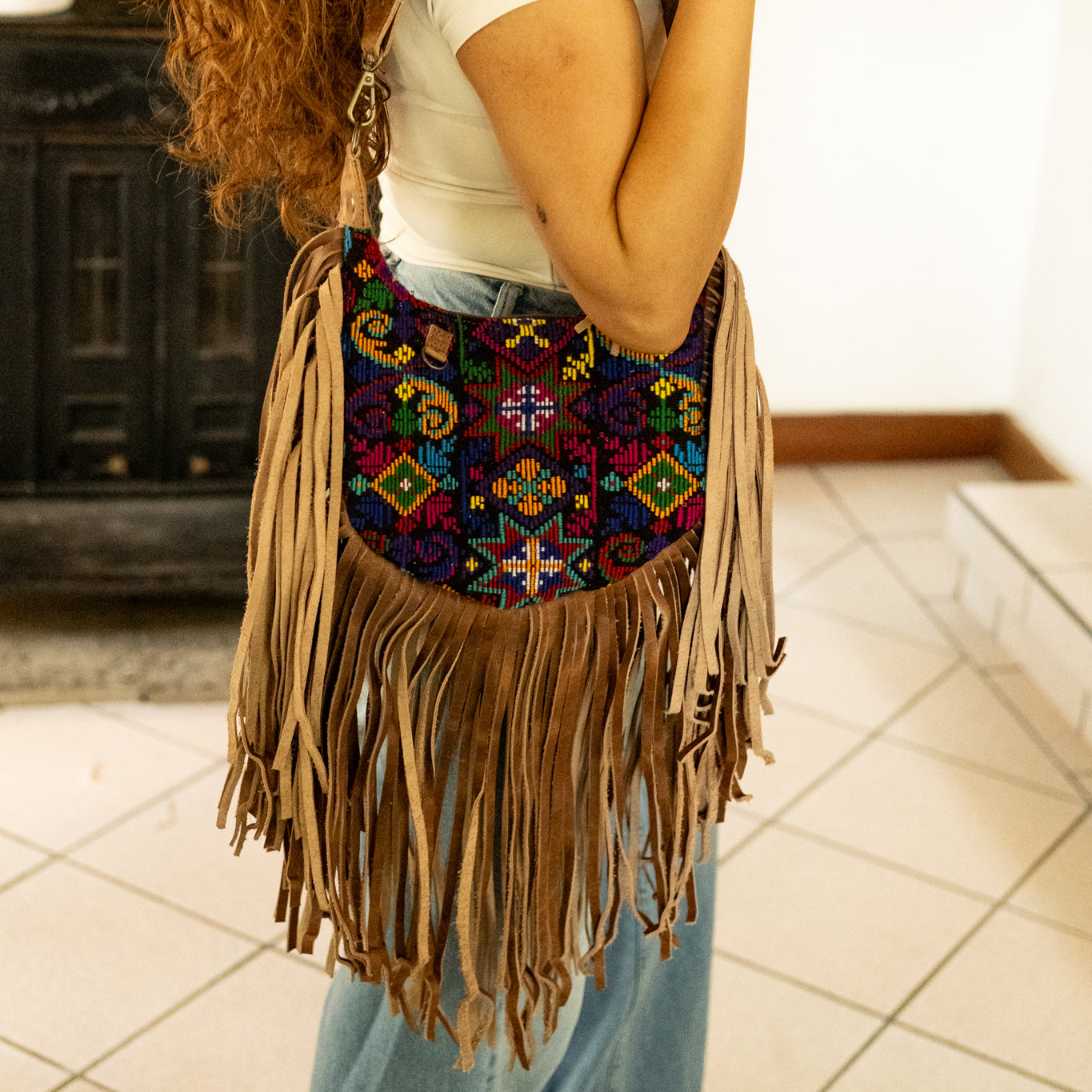 BOHO FRINGE SADDLE BAG - OOAK HUIPIL - FAWN - NO. 16630