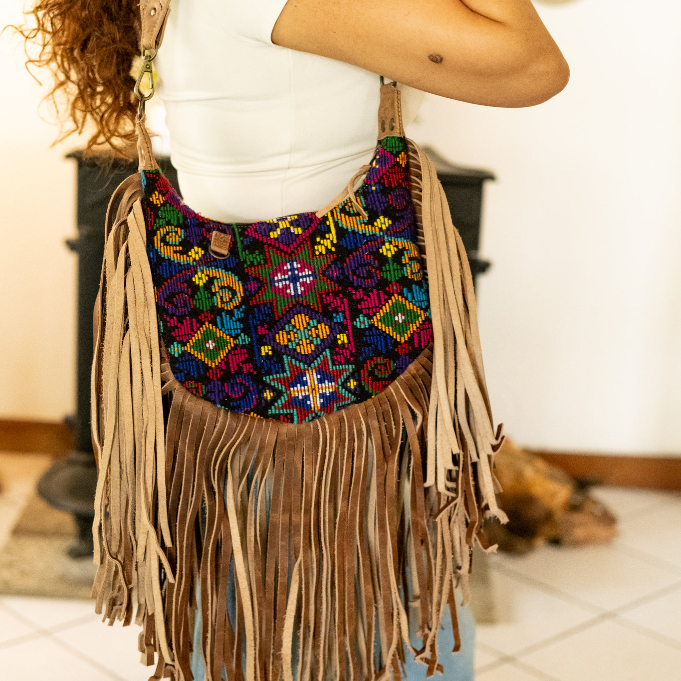 BOHO FRINGE SADDLE BAG - OOAK HUIPIL - FAWN - NO. 16630