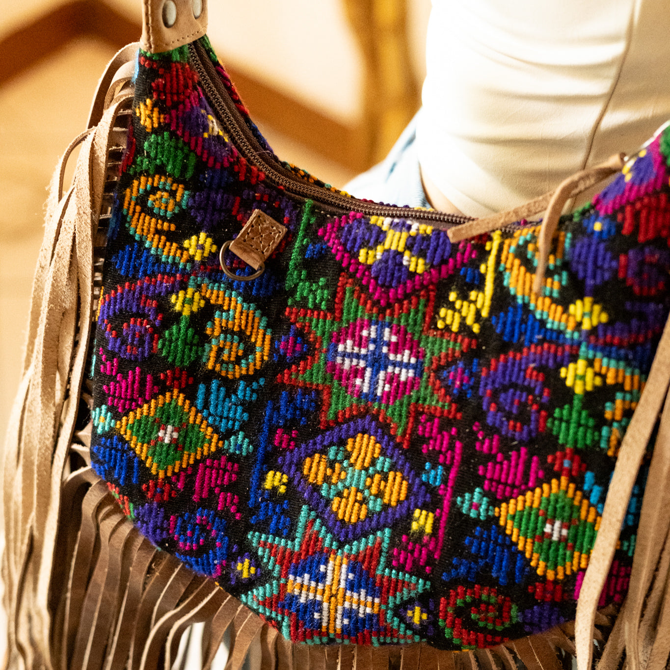 BOHO FRINGE SADDLE BAG - OOAK HUIPIL - FAWN - NO. 16630