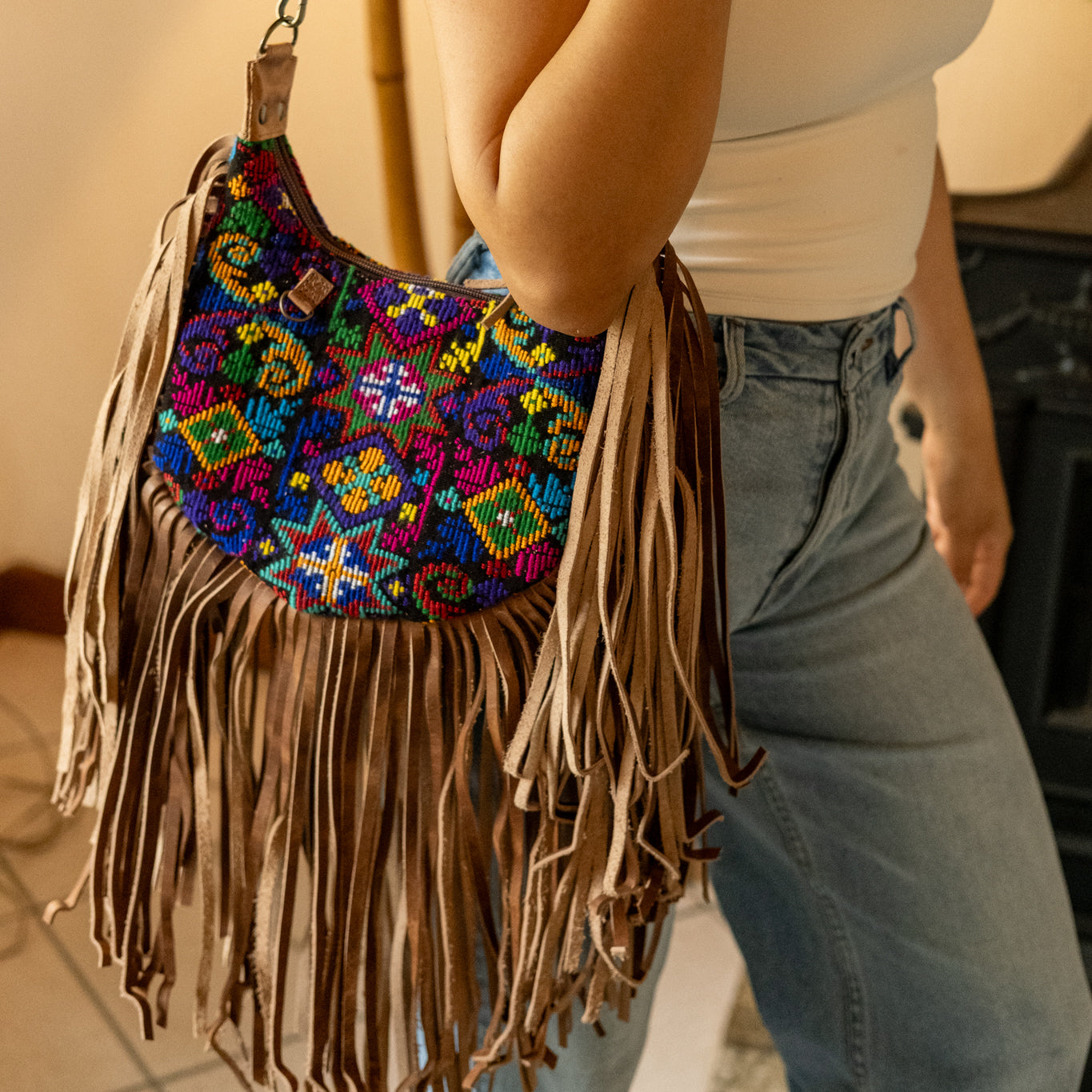 BOHO FRINGE SADDLE BAG - OOAK HUIPIL - FAWN - NO. 16630
