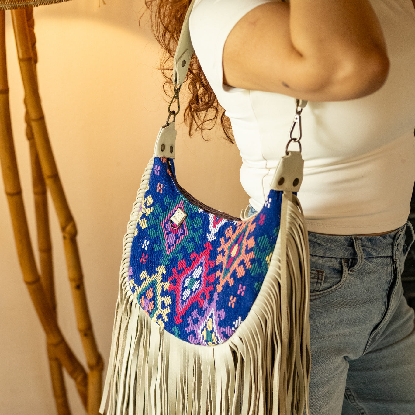 BOHO FRINGE SADDLE BAG - OOAK HUIPIL - BONE - NO. 16632