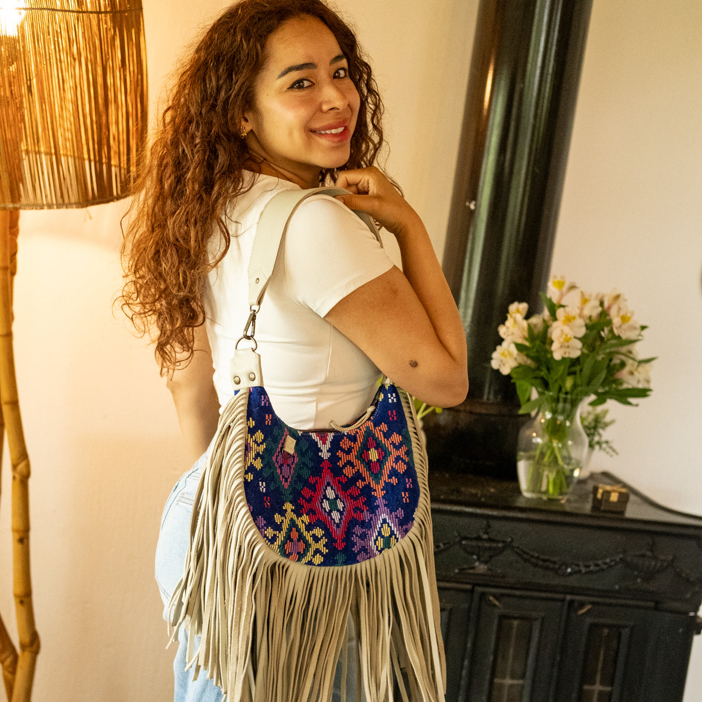 BOHO FRINGE SADDLE BAG - OOAK HUIPIL - BONE - NO. 16632