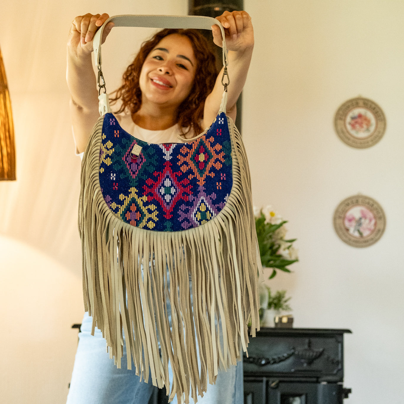 BOHO FRINGE SADDLE BAG - OOAK HUIPIL - BONE - NO. 16632