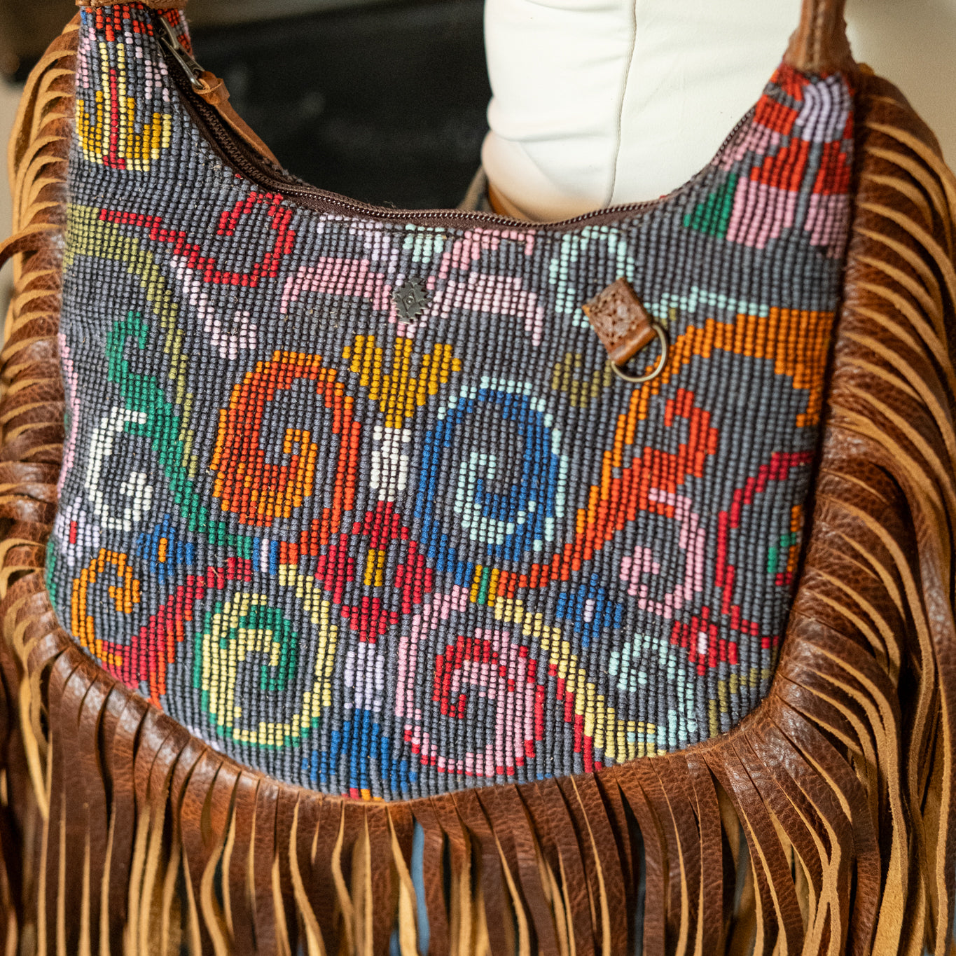 BOHO FRINGE SADDLE BAG - OOAK HUIPIL - HONEY - NO. 16633
