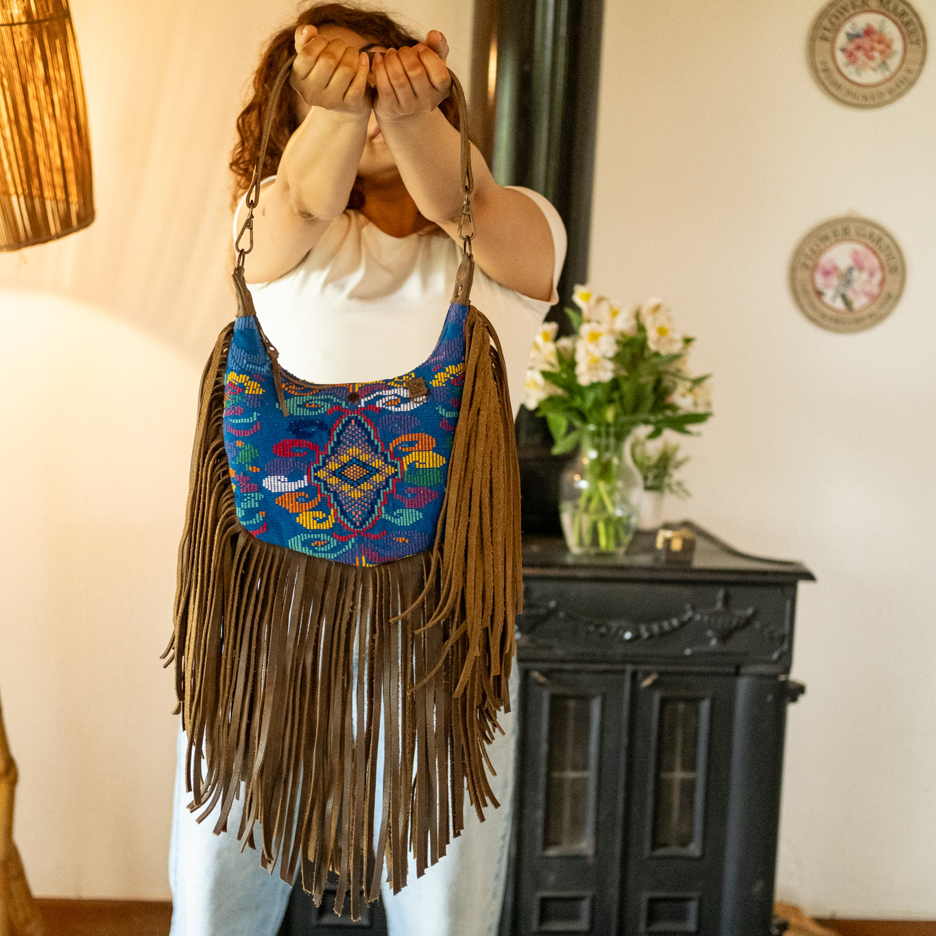 BOHO FRINGE SADDLE BAG - OOAK HUIPIL - FOSSIL - NO. 16635