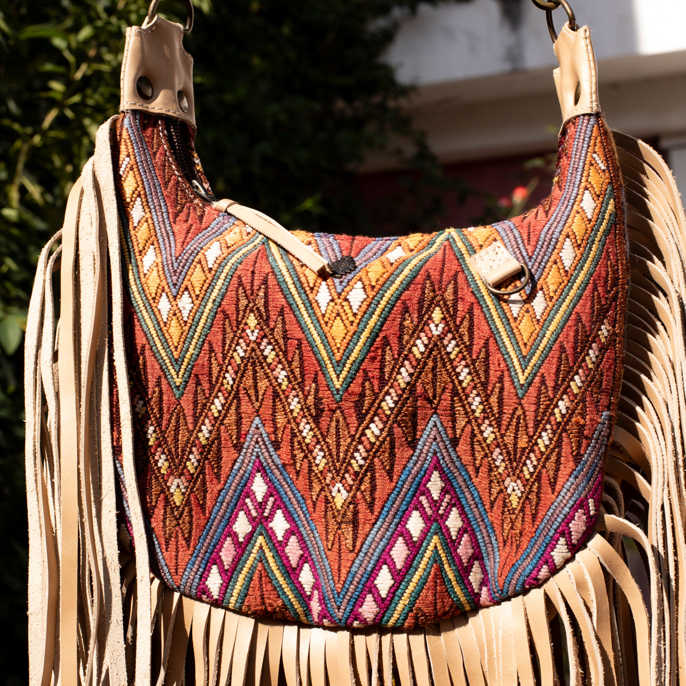 SMALL BOHO FRINGE SADDLE BAG - OOAK HUIPIL - LATTE - NO. 17038