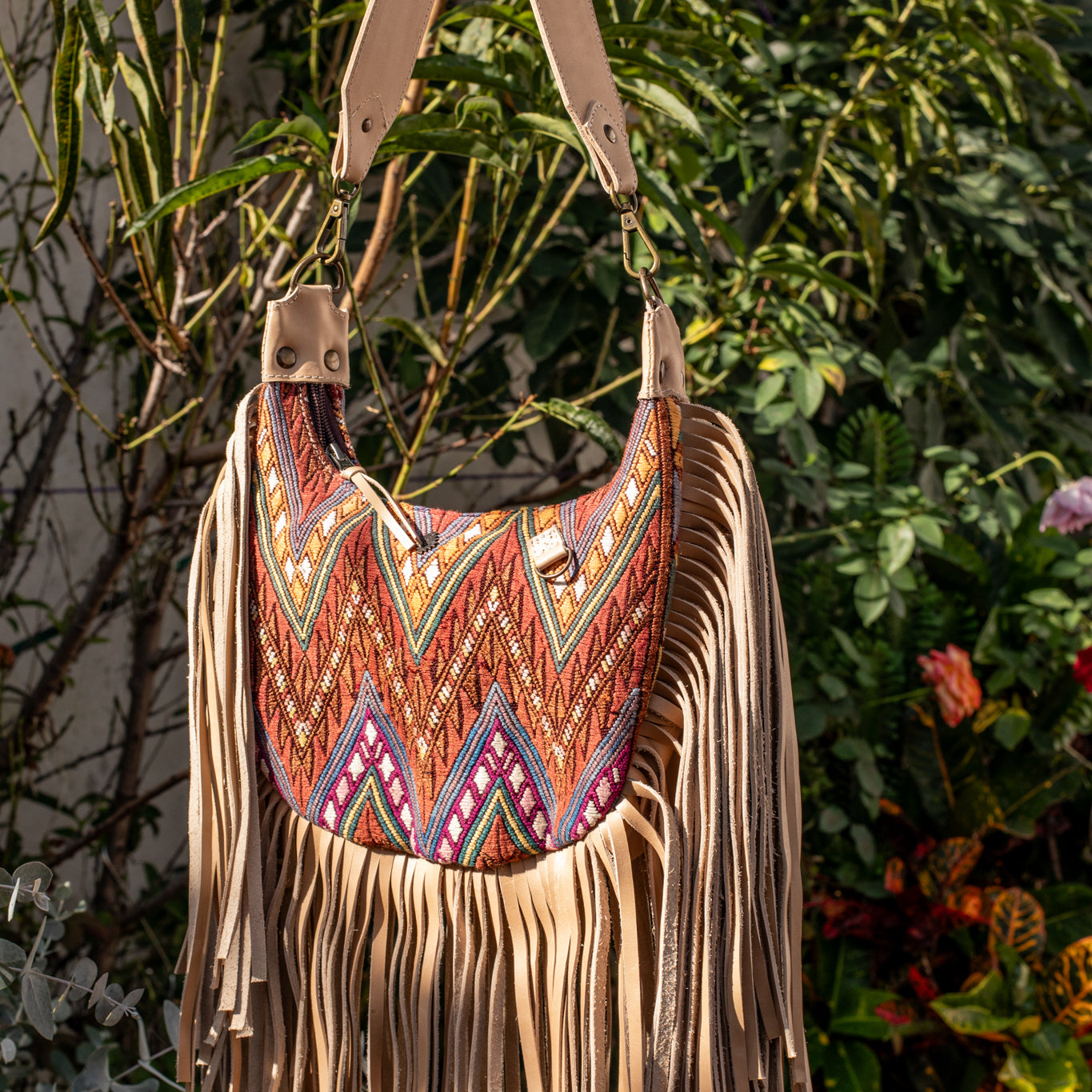 SMALL BOHO FRINGE SADDLE BAG - OOAK HUIPIL - LATTE - NO. 17038