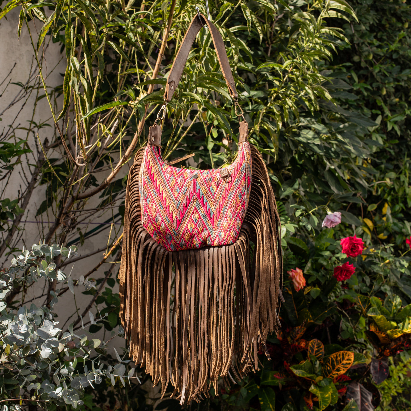 SMALL BOHO FRINGE SADDLE BAG - OOAK HUIPIL - FOSSIL - NO. 17036