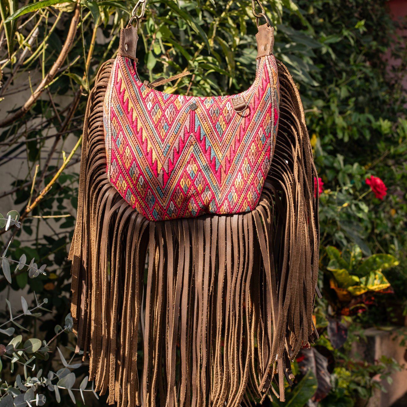 SMALL BOHO FRINGE SADDLE BAG - OOAK HUIPIL - FOSSIL - NO. 17036