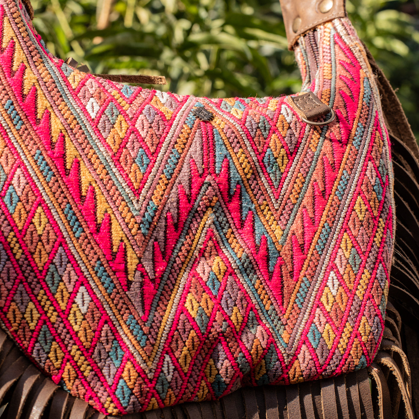 SMALL BOHO FRINGE SADDLE BAG - OOAK HUIPIL - FOSSIL - NO. 17036