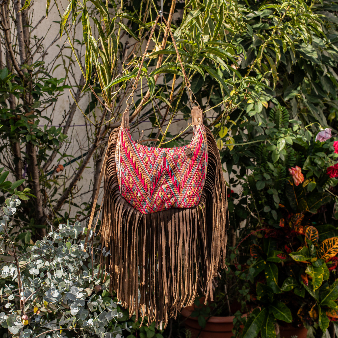 SMALL BOHO FRINGE SADDLE BAG - OOAK HUIPIL - FOSSIL - NO. 17036