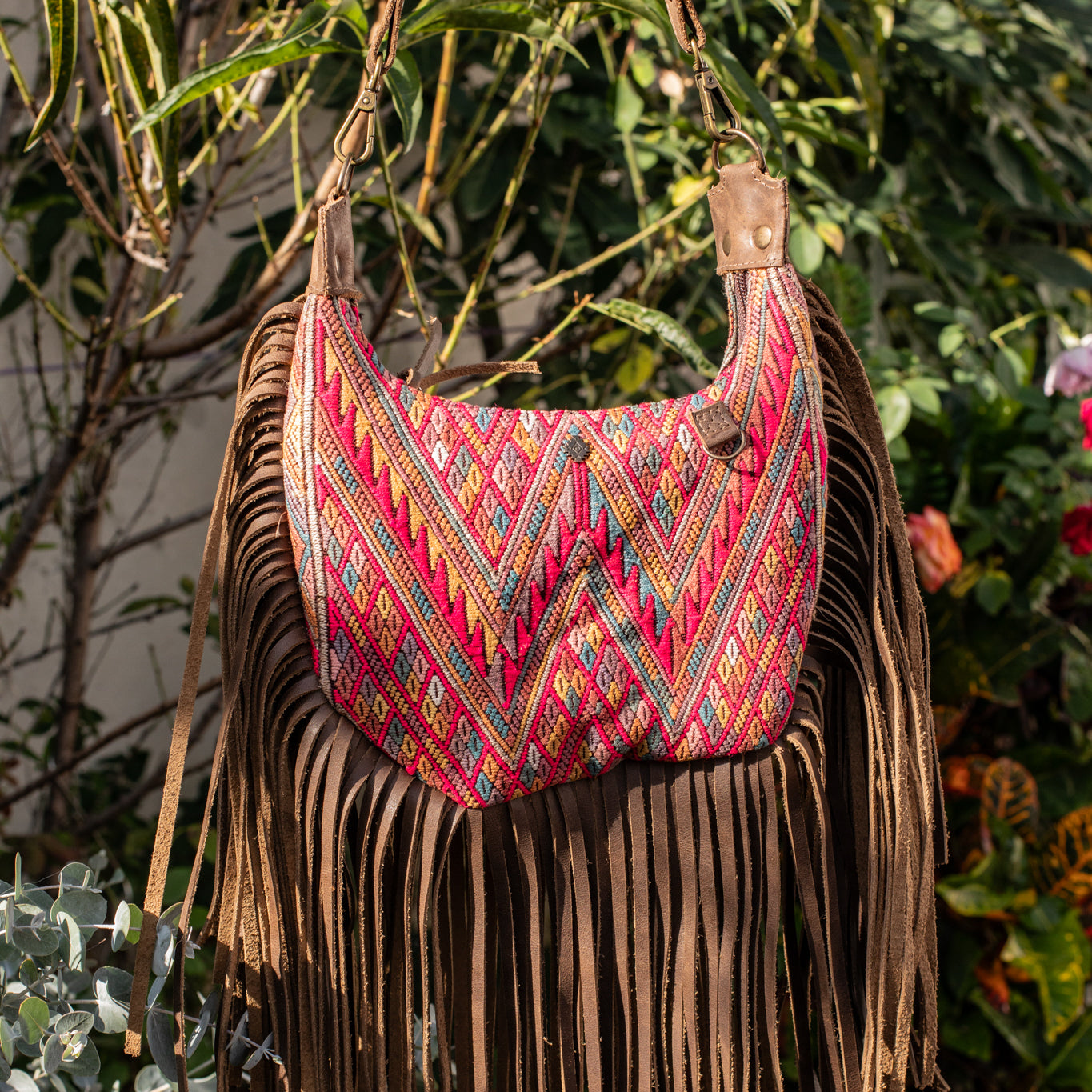 SMALL BOHO FRINGE SADDLE BAG - OOAK HUIPIL - FOSSIL - NO. 17036