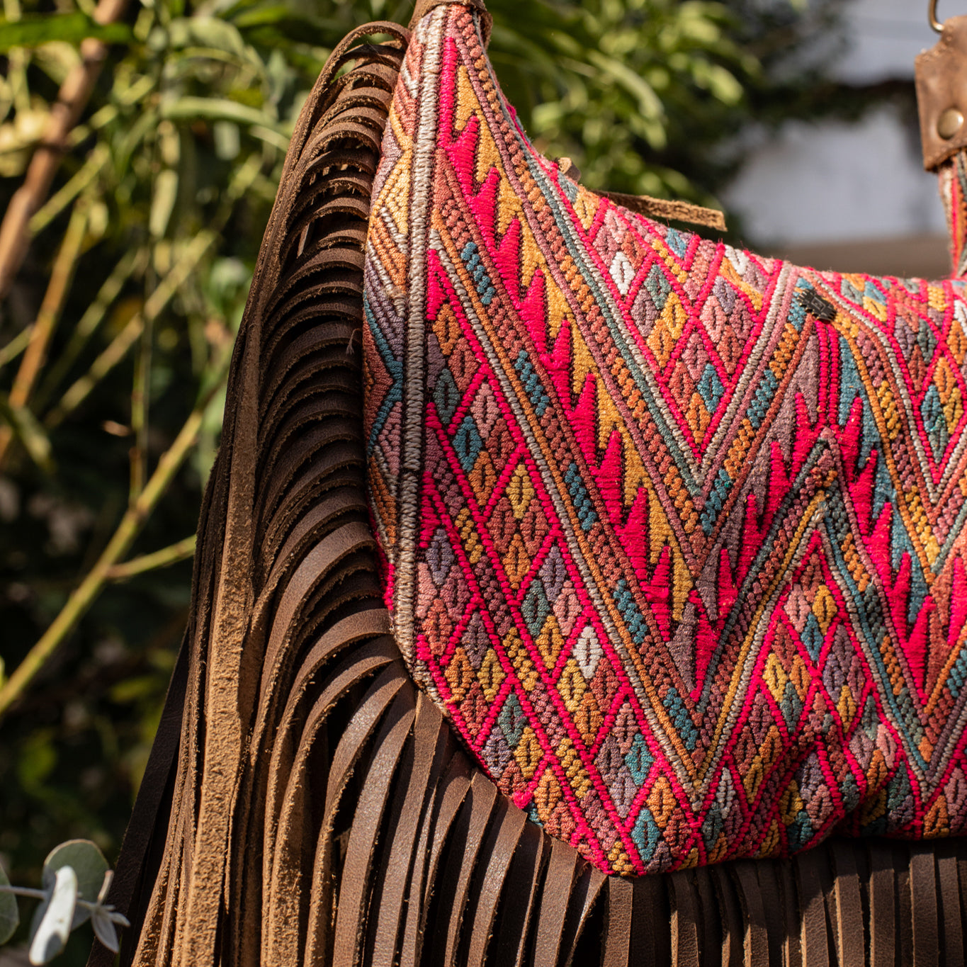 SMALL BOHO FRINGE SADDLE BAG - OOAK HUIPIL - FOSSIL - NO. 17036