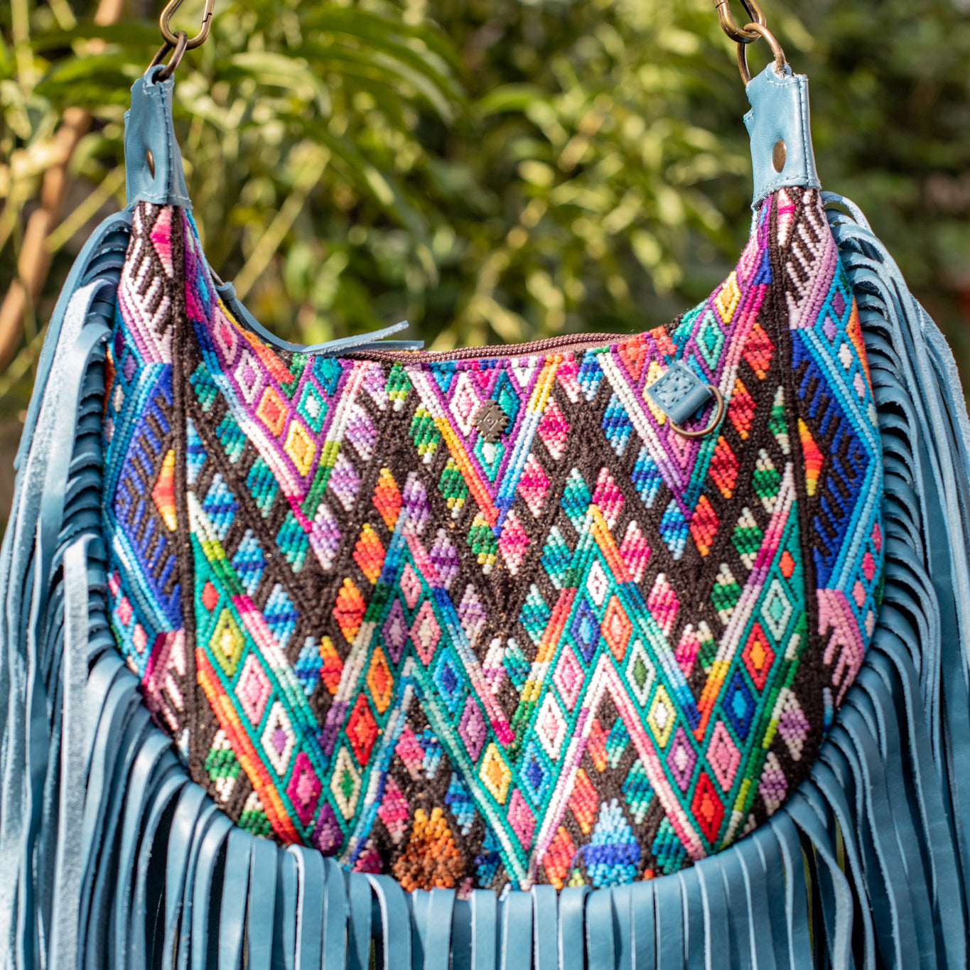 SMALL BOHO FRINGE SADDLE BAG - OOAK HUIPIL - CERULEAN - NO. 17037
