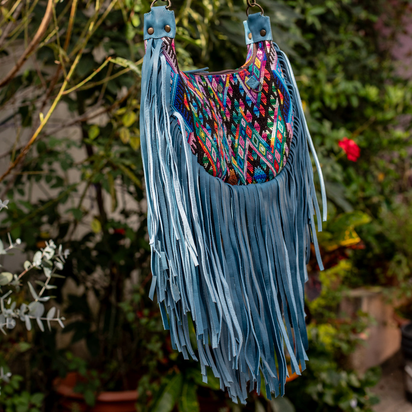 SMALL BOHO FRINGE SADDLE BAG - OOAK HUIPIL - CERULEAN - NO. 17037