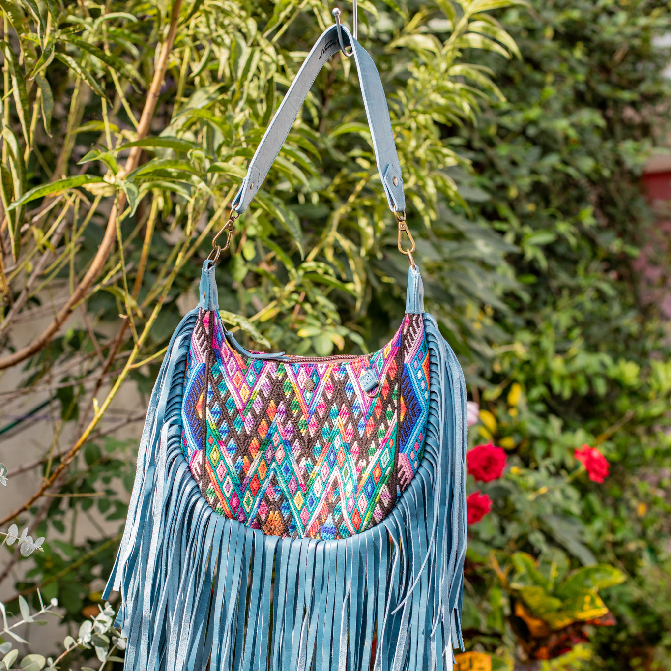 SMALL BOHO FRINGE SADDLE BAG - OOAK HUIPIL - CERULEAN - NO. 17037