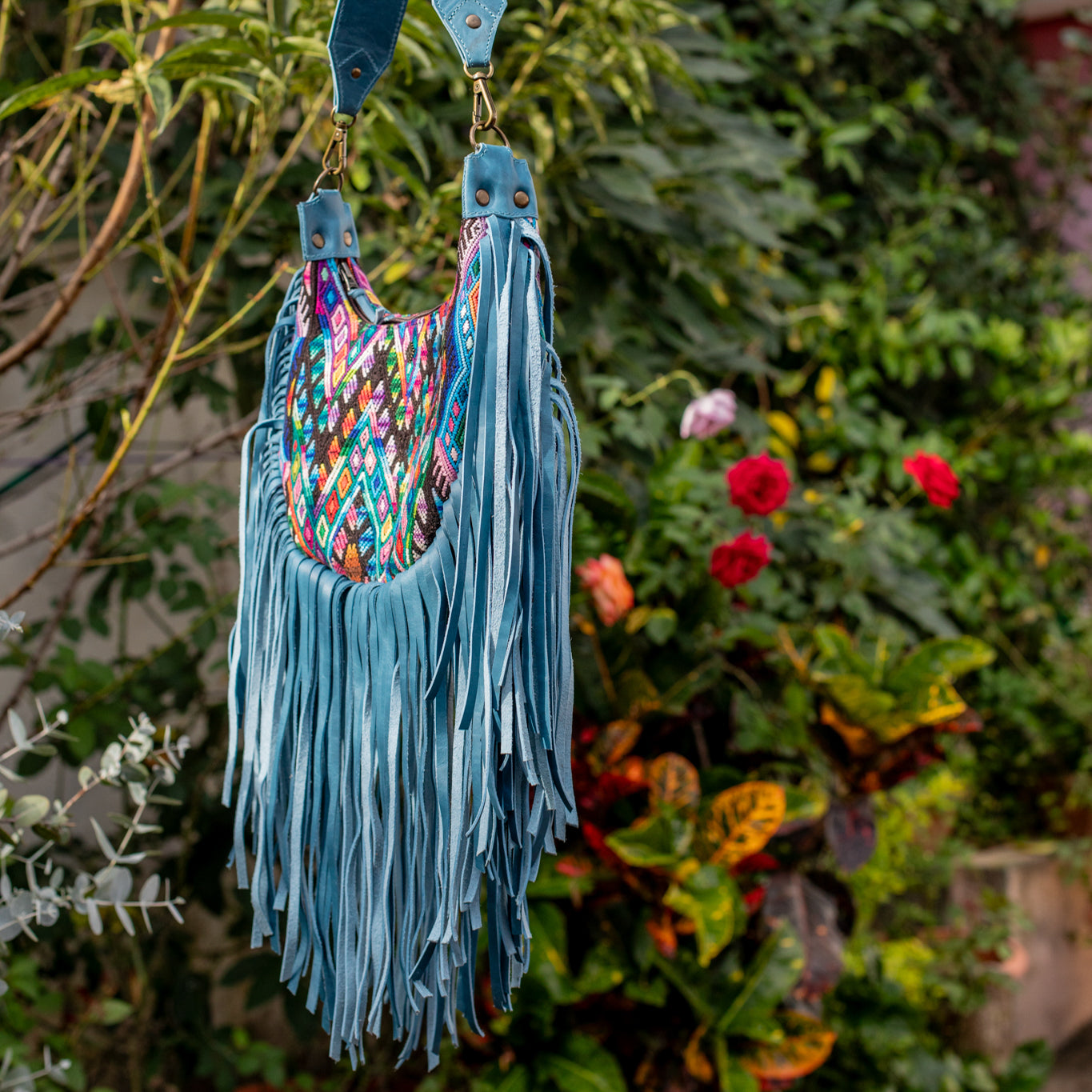 SMALL BOHO FRINGE SADDLE BAG - OOAK HUIPIL - CERULEAN - NO. 17037
