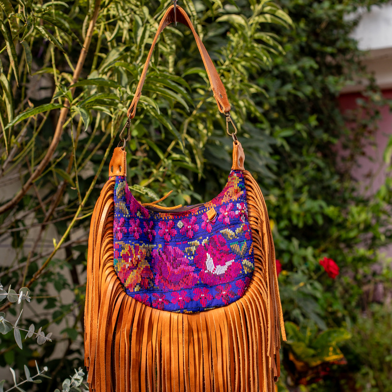 SMALL BOHO FRINGE SADDLE BAG - OOAK HUIPIL - BOURBON - NO. 17035