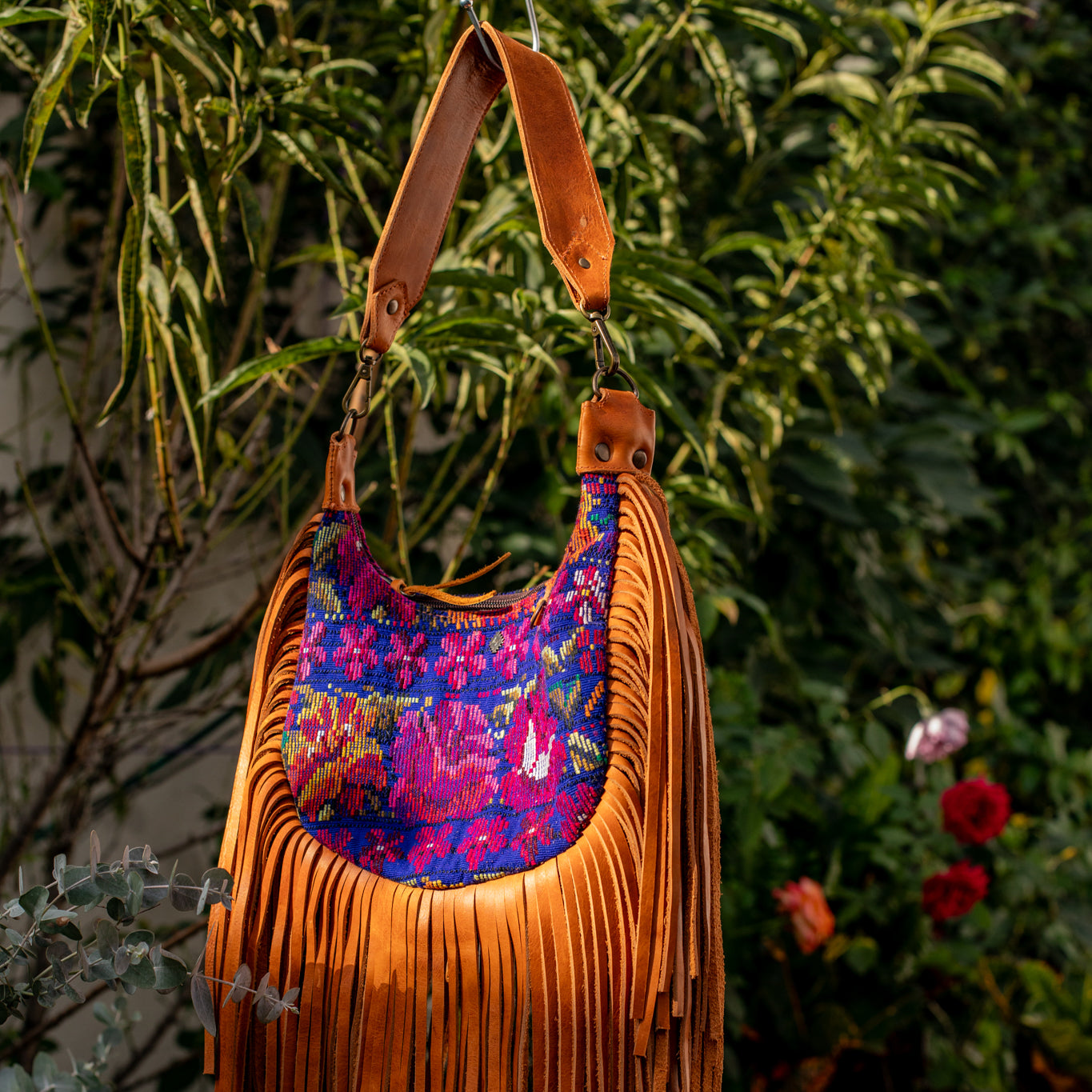 SMALL BOHO FRINGE SADDLE BAG - OOAK HUIPIL - BOURBON - NO. 17035