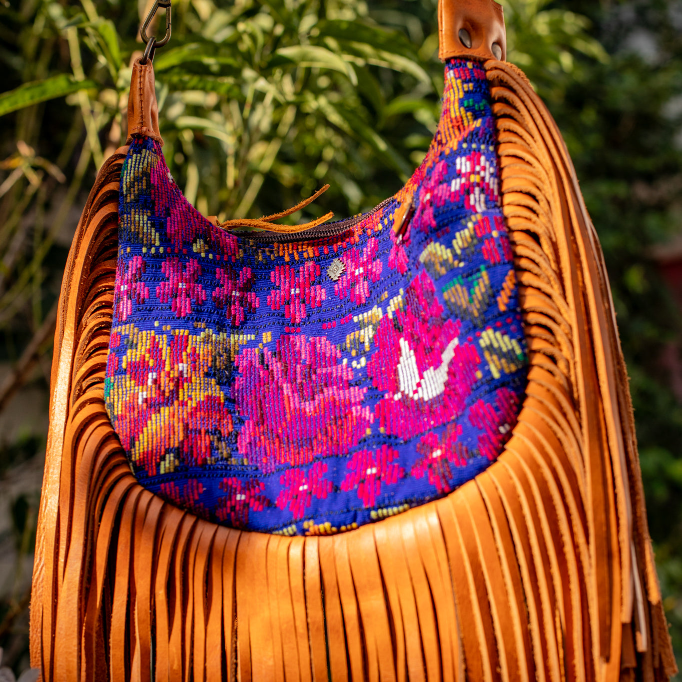 SMALL BOHO FRINGE SADDLE BAG - OOAK HUIPIL - BOURBON - NO. 17035