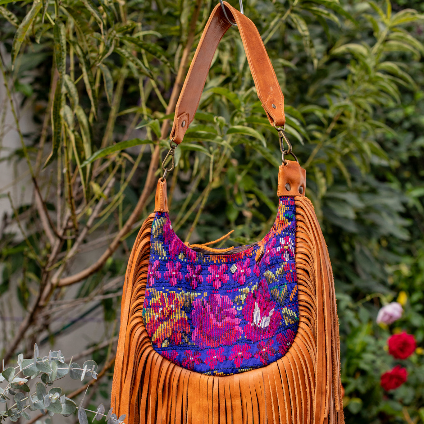 SMALL BOHO FRINGE SADDLE BAG - OOAK HUIPIL - BOURBON - NO. 17035