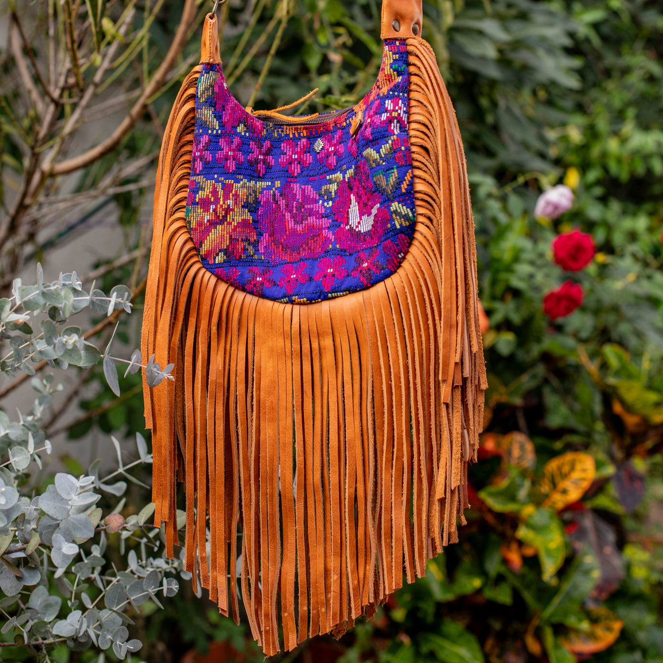 SMALL BOHO FRINGE SADDLE BAG - OOAK HUIPIL - BOURBON - NO. 17035