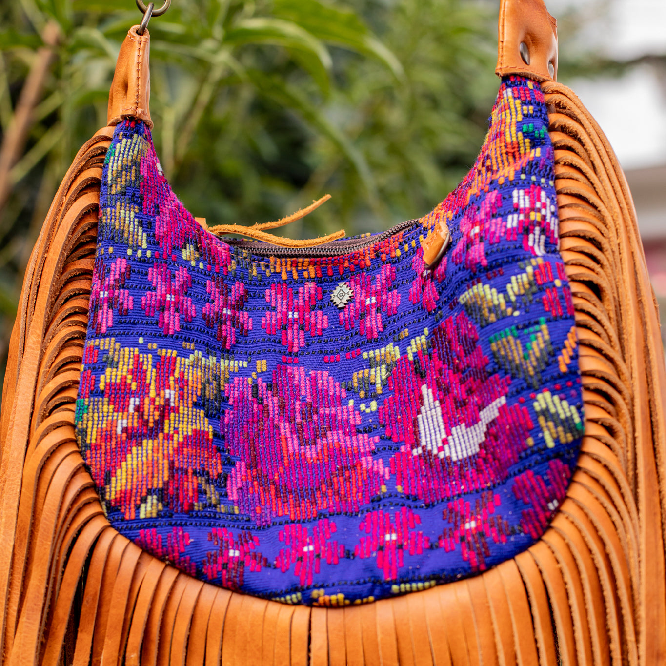 SMALL BOHO FRINGE SADDLE BAG - OOAK HUIPIL - BOURBON - NO. 17035