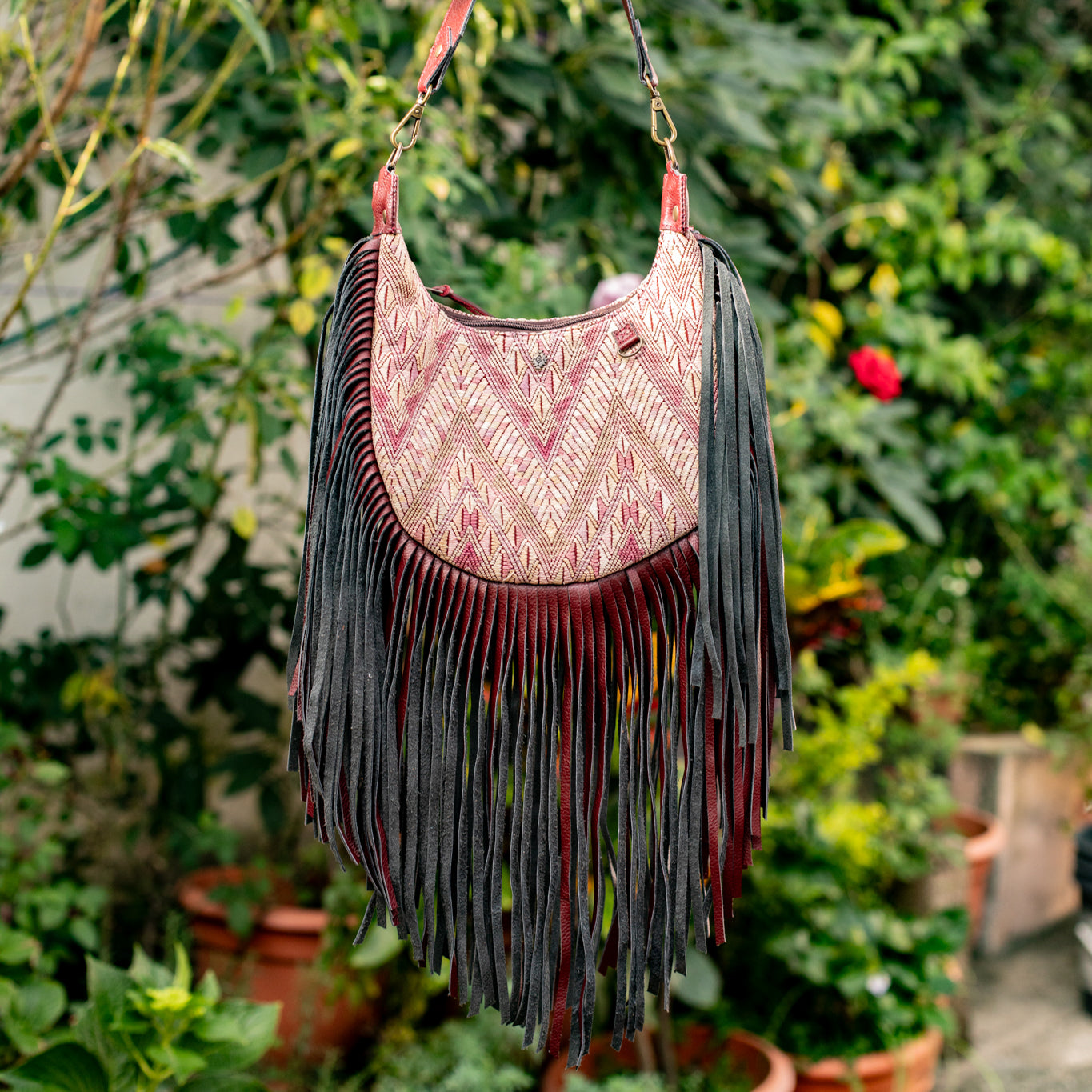 SMALL BOHO FRINGE SADDLE BAG - OOAK HUIPIL - AMARANTH - NO. 17034