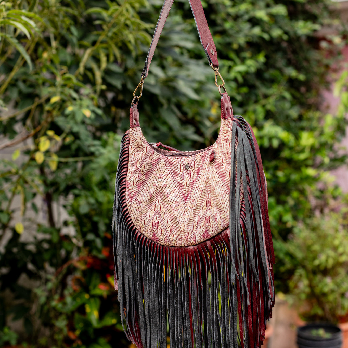 SMALL BOHO FRINGE SADDLE BAG - OOAK HUIPIL - AMARANTH - NO. 17034