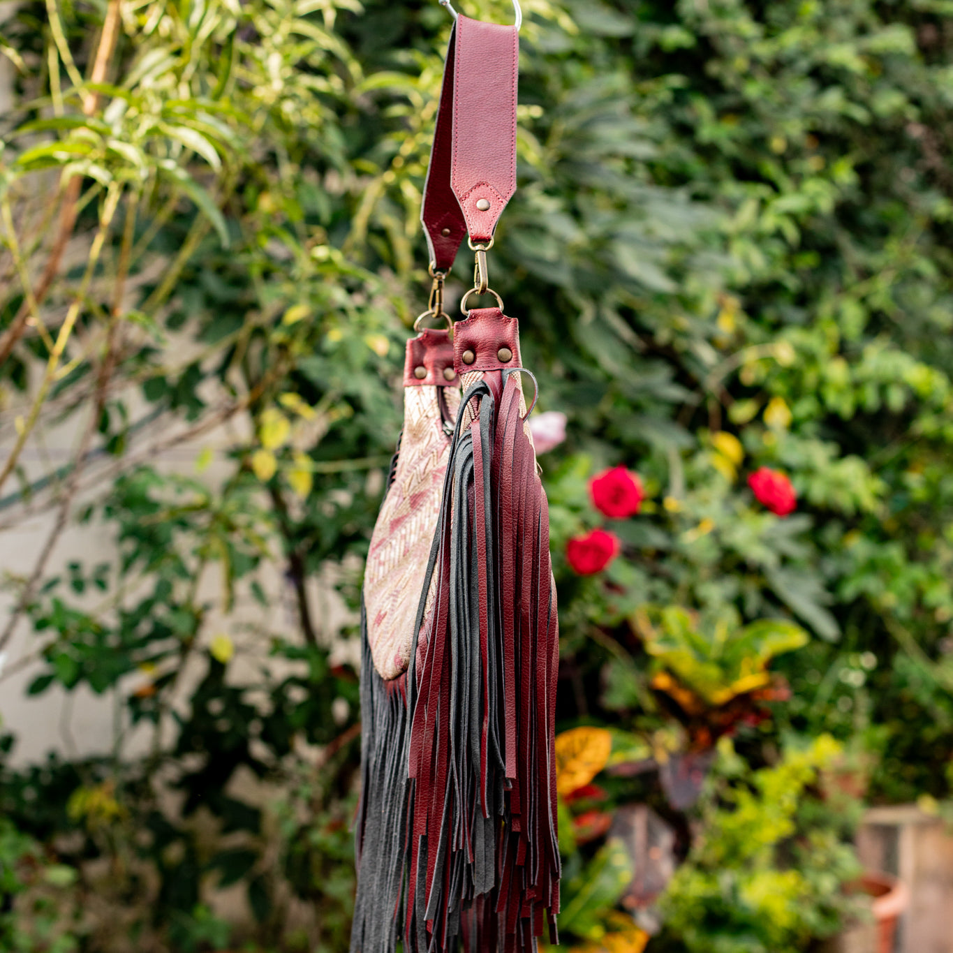 SMALL BOHO FRINGE SADDLE BAG - OOAK HUIPIL - AMARANTH - NO. 17034