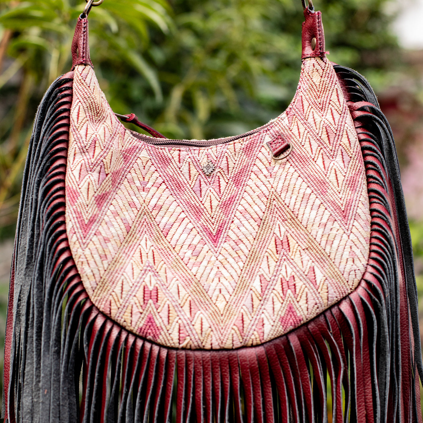 SMALL BOHO FRINGE SADDLE BAG - OOAK HUIPIL - AMARANTH - NO. 17034