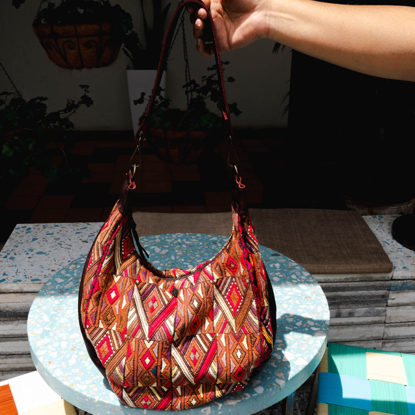 LARGE BOHO SADDLE BAG - OOAK HUIPIL - VINO TINTO - NO. 15932
