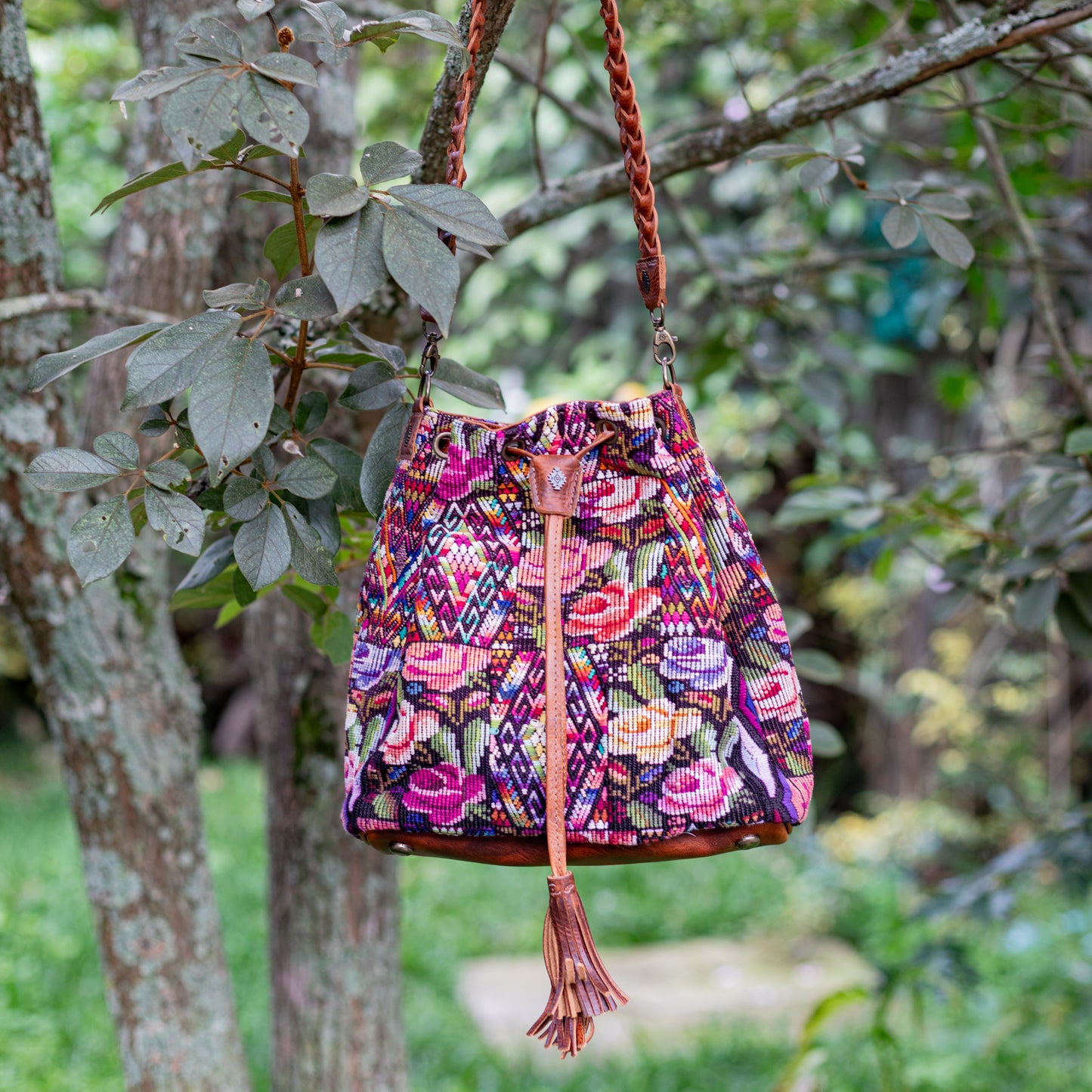 DRAWSTRING BUCKET BAG - OOAK HUIPIL - HONEY - NO. 17707